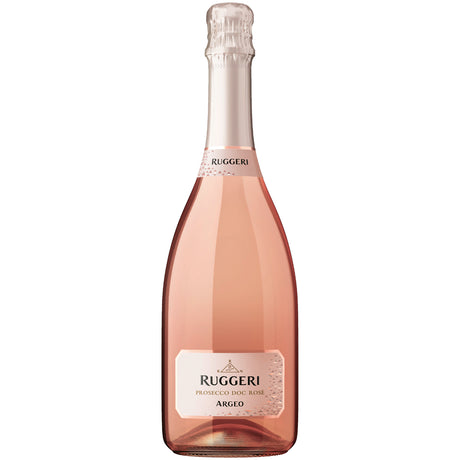 Eine 0,75-Liter-Flasche „Ruggeri Argeo Rosé Prosecco DOC Brut Millesimato“, die sich durch ihr rosa Etikett und ihre Folienverpackung auszeichnet, unterstreicht den raffinierten Charakter des Prosecco aus Treviso.