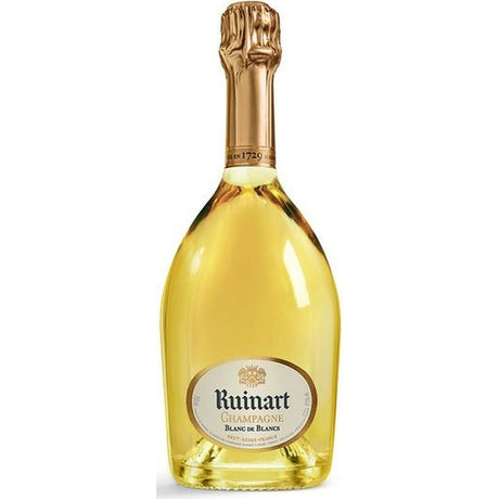Eine 0,75-Liter-Flasche Champagner Ruinart Champagner Blanc de Blanc mit einem goldenen Folienverschluss und einem eleganten weißen Etikett.