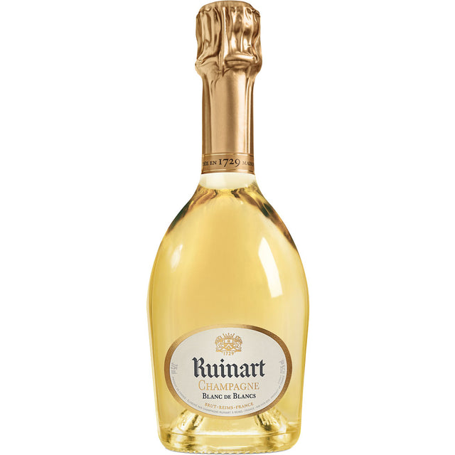 Eine 0,375-Liter-Flasche Champagne Ruinart Blanc de Blanc aus Chardonnay-Trauben mit Goldfolie und einem eleganten weiß-goldenen Etikett.