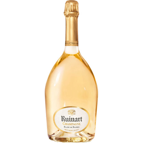 Eine 1,5-Liter-Flasche Champagne Ruinart Blanc de Blanc mit Chardonnay-Trauben, einem Deckel aus Goldfolie und einem eleganten weiß-goldenen Etikett.