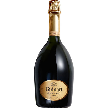 Eine 0,75-Liter-Flasche Champagne Ruinart Brut R de Ruinart mit Goldfolie und Etikett auf dunklem Glas spiegelt die Eleganz dieses renommierten Champagnerhauses wider.