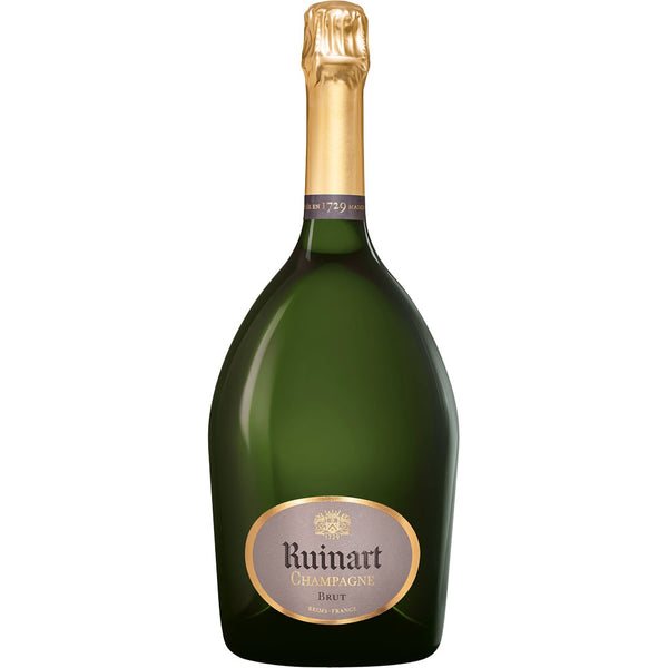 Eine 1,5-Liter-Flasche Champagne Ruinart R de Ruinart Brut, präsentiert in einem grünen Glas mit Goldfolie und Etikett - hergestellt von Champagne Ruinart aus Reims.