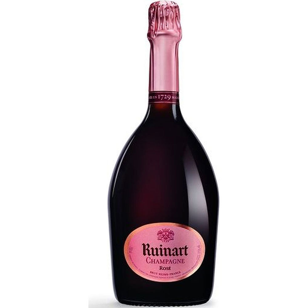 Eine 0,75-Liter-Flasche Champagne Ruinart Rosé Brut mit rosafarbenem Folienaufsatz und Etikett auf glattem dunklem Glas, hergestellt von Champagne Ruinart nach der Méthode Champenoise.