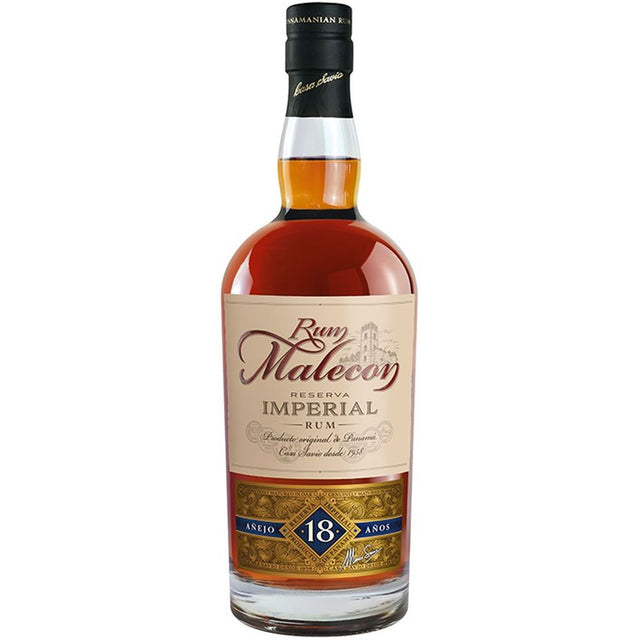 Eine 0,7-Liter-Flasche Rum Malecon 18 Jahre Reserva Imperial Rum (40%) mit einem goldenen und cremefarbenen Etikett und einem schwarzen Verschluss.