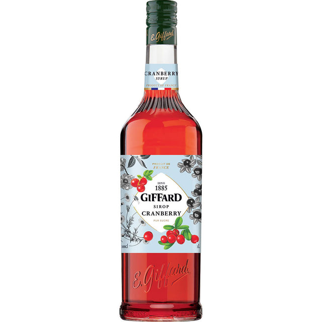 Giffard Cranberry Sirup 1 Liter von Giffard, mit silber-weißem Etikett mit Cranberries und Blumen - ideal als Premium-Sirup oder Beerensirup für Cocktails und Desserts.
