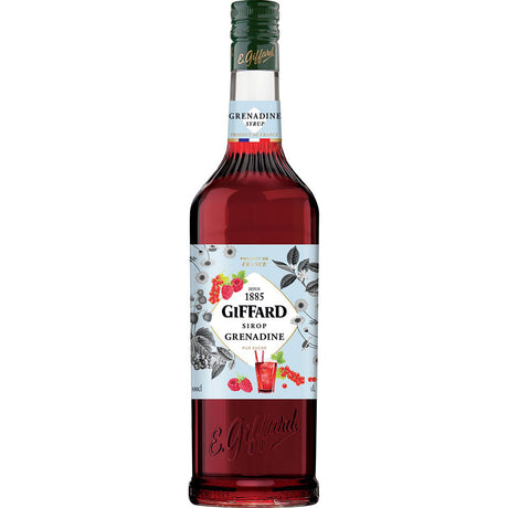 Giffard Grenadine Sirup 1 Liter von Giffard ist ein alkoholfreier Sirup mit illustrierten roten Beeren und einem leuchtend roten Getränk auf dem Etikett.