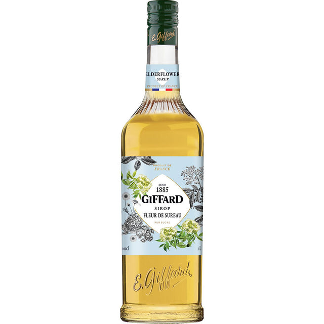 Eine 1-Liter-Flasche Giffard Holunderblütensirup Fleur de Sureau, ein Premium-Holunderblütensirup von Giffard, verleiht Ihren Getränken eine blumige Note.