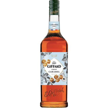 Giffard Karamel Sirup Caramel 1 Liter von Giffard ist mit einem eleganten weiß-goldenen Etikett versehen und verleiht Ihren Getränken und Desserts ein reichhaltiges Karamellaroma - perfekt, um jedes Rezept zu verfeinern.