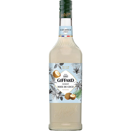 Eine 1-Liter-Flasche Giffard Kokos Sirup Noix de Coco von Giffard mit einem hellblauen Etikett mit Kokosnuss-Abbildungen.
