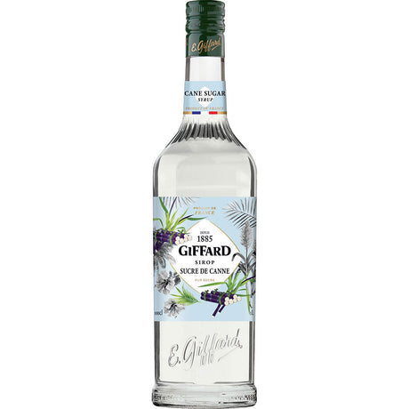 Eine 1-Liter-Flasche Giffard Rohrzucker Sirup Sucre de Canne, mit klarem Etikett und tropischem Design, hergestellt von Giffard aus reinem Rohrzucker.