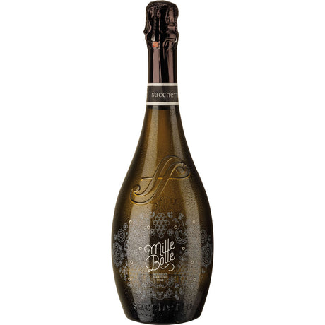 Eine 0,75-Liter-Flasche Sacchetto Mille Bolle Spumante Millesimato Extra Dry mit einem dekorativen Etikett und einem mit Folie umwickelten Hals, der die Eleganz dieses Sacchetto-Schaumweins unterstreicht.