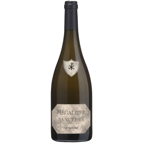 Eine Flasche Saget La Perrière Sancerre Mégalithe AOC 2021 Weißwein von Saget La Perrière mit einem beigen Etikett und einem schwarzen Verschluss.
