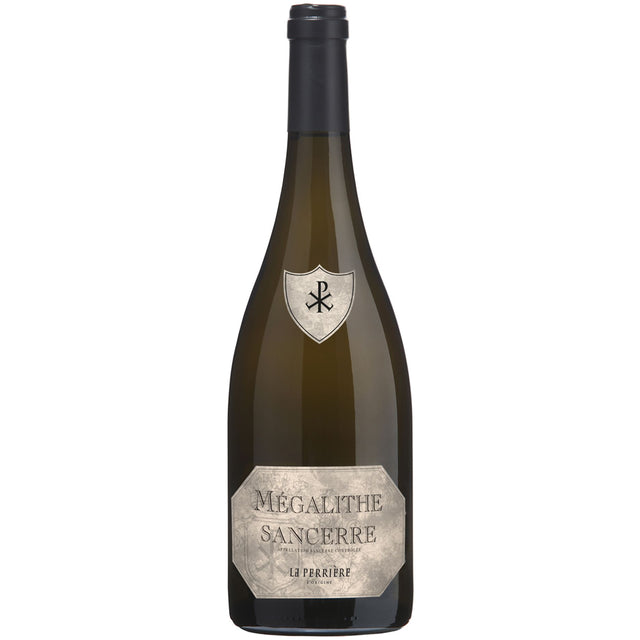 Eine Flasche Saget La Perrière Sancerre Mégalithe AOC 2021 Weißwein von Saget La Perrière mit einem beigen Etikett und einem schwarzen Verschluss.