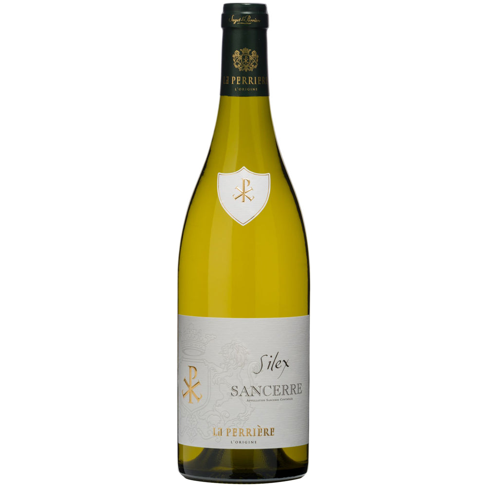 Eine Flasche Saget La Perrière Sancerre Silex AOC 2023 Weißwein, der vom Weingut Saget La Perrière im Loiretal aus Sauvignon-Blanc-Trauben gekeltert wurde, ist vor einem weißen Hintergrund abgebildet.