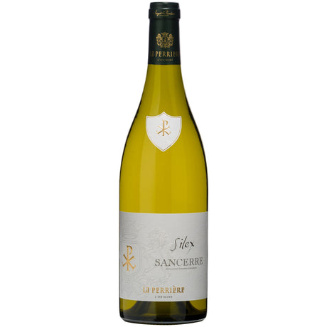 Eine Flasche Saget La Perrière Sancerre Silex AOC 2023 Weißwein, der vom Weingut Saget La Perrière im Loiretal aus Sauvignon-Blanc-Trauben gekeltert wurde, ist vor einem weißen Hintergrund abgebildet.