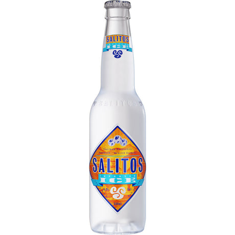 Eine klare Salitos Ice 0,33L Mehrwegflasche mit blauer, gelber und oranger Beschriftung auf der Vorderseite von Salitos, mit erfrischendem Limetten-Tequila-Geschmack; erhältlich im 24er-Pack.