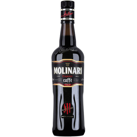 Eine 0,7-Liter-Flasche Molinari Sambuca Caffé 32% mit schwarzem Etikett und markanten roten Akzenten, ein italienischer Anis-Kaffee-Likör.