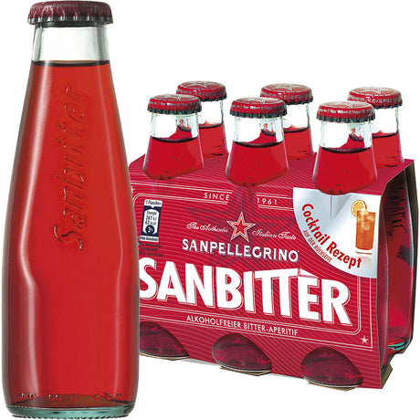 San Pellegrino Sanbitter EW 4x6er (24x0,098l): das beliebte alkoholfreie Bittergetränk von San Pellegrino für authentische italienische Aperitifkultur - eine Flasche separat abgebildet.