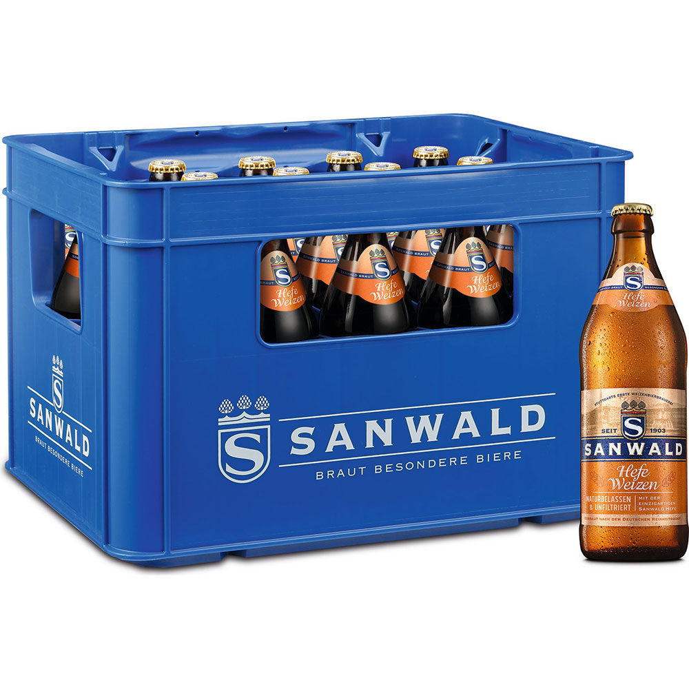 Ein blauer Kasten Sanwald Hefe-Weizen Hell 20x 0,5 Liter (MEHRWEG) Flaschen, mit einem Sanwald Hefeweizen vorne dran - ein klassisches Weizenbier aus der Stuttgarter Sanwald-Brauerei.