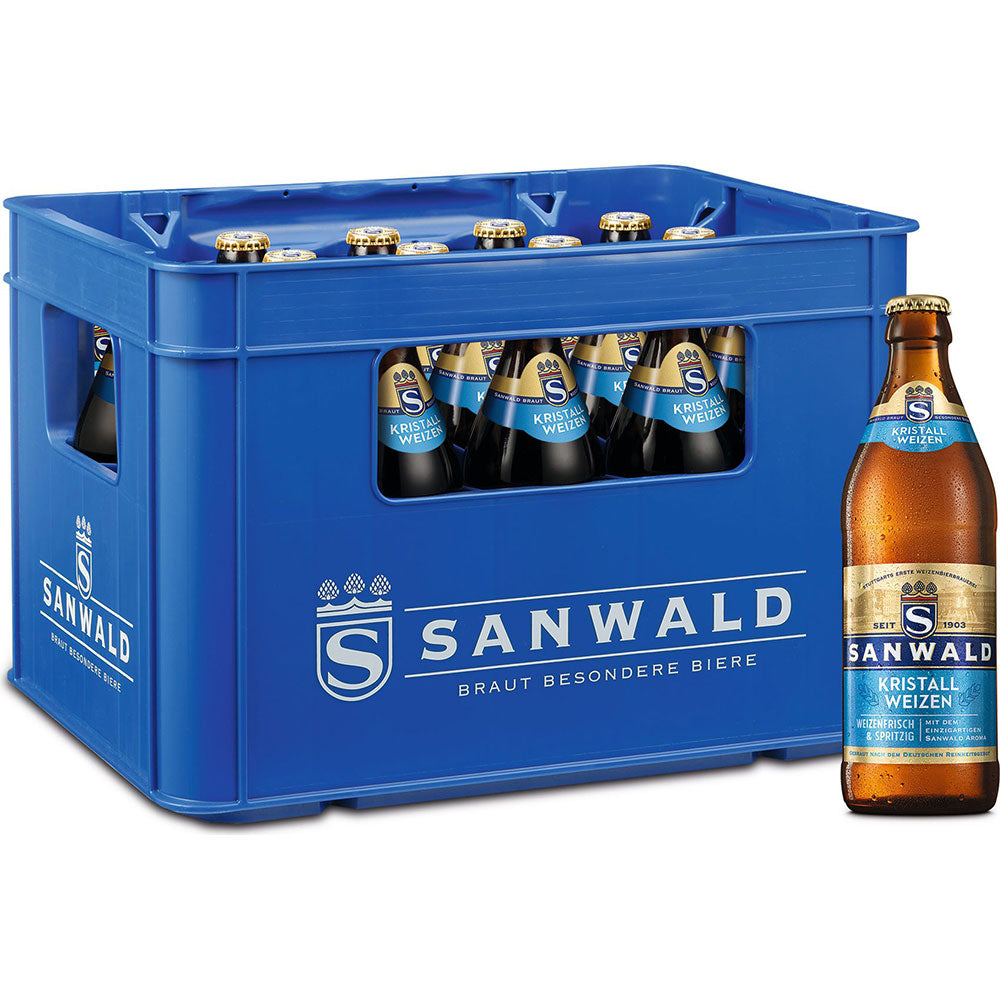 Sanwald Kristall 20x 0,5 Liter (MEHRWEG) Kiste von Sanwald, mit einer Flasche außerhalb des blauen Behälters.