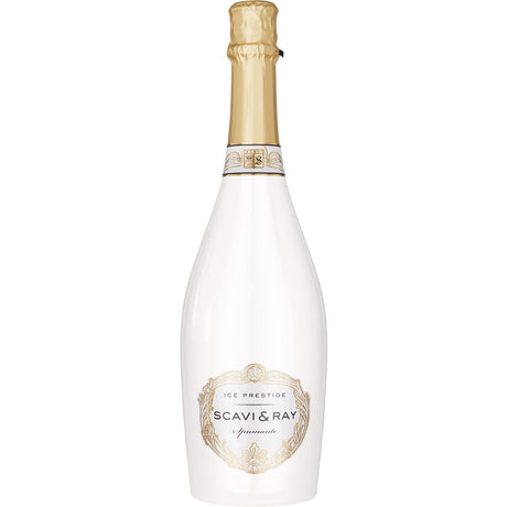Der Scavi & Ray Ice Prestige Spumante 0,75 Liter hat eine weiße Flasche mit goldenen Akzenten und einen mit Goldfolie umwickelten Hals, der die Eleganz des italienischen Schaumweins von Scavi & Ray unterstreicht.