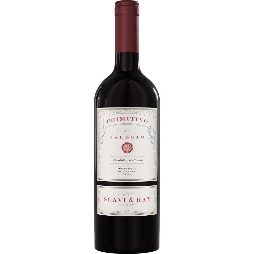 Eine Flasche Scavi & Ray Primitivo Salento IGT 2024 italienischer Rotwein mit kastanienbraunem Verschluss und cremefarbenem Etikett.
