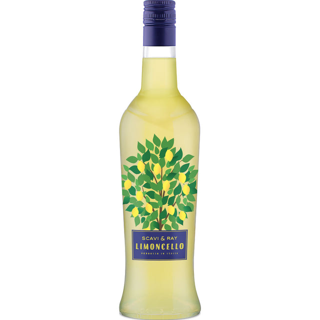 Eine 0,7-Liter-Flasche Scavi & Ray Limoncello (25% vol), ein italienischer Zitronenlikör, mit einem Baum- und Zitronenmotiv auf dem Etikett.