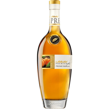 Eine 0,7-Liter-Flasche Scheibel Feine Marille Premium Plus 40% von Scheibel ist mit einem goldenen Siegel und einer Pfirsich-Illustration versehen, die den hochwertigen Geschmack dieser Schwarzwälder Spezialität hervorhebt.