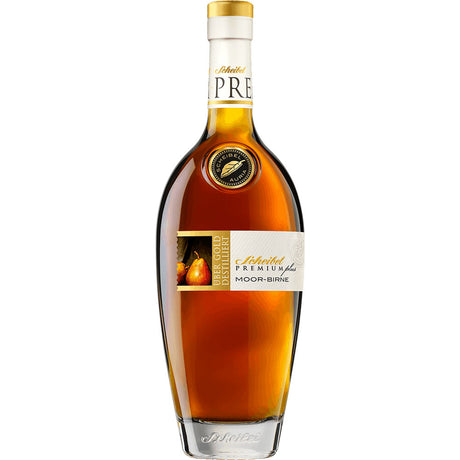 Abgebildet ist eine Flasche Scheibel Moor-Birne Premium Plus 40% 0,7L mit einem gold-weißen Etikett auf weißem Hintergrund.