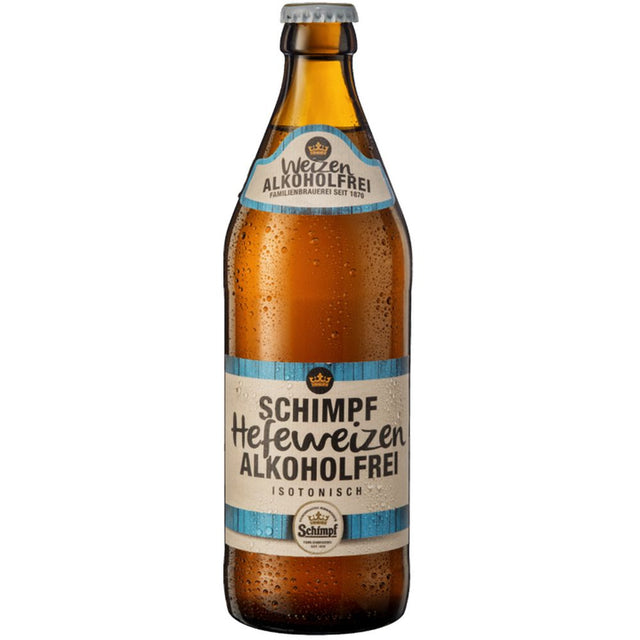 Eine braune Flasche Schimpf Hefeweizen alkoholfrei 0,5L (Mehrweg) mit einem blau-weißen Etikett.