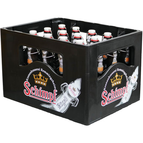 Ein schwarzer Kasten Schimpf Kleine Halbe Bügel 20x0,33L (MEHRWEG), jeweils mit Bügelverschluss und Markenetikett, bietet echten Helles Vollbier Geschmack, gebraut mit Naturhopfen.