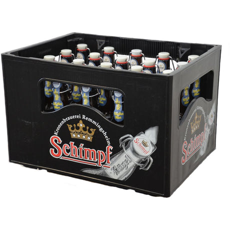 Ein schwarzer Kasten mit Schimpf Kleines Radler naturtrüb Bügel 20x0,33L (MEHRWEG) Bierflaschen, mit Kronen und Logos auf dem Kasten und den Flaschenetiketten.