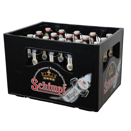 Ein schwarzer Kasten Schimpf Krone Pils Bügel (MEHRWEG) enthält 20 x 0,33 l Flaschen mit Flip-Top-Verschluss. Brautradition seit 1430.
