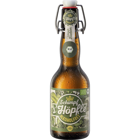 Eine Braunglasflasche Schimpf s'Höpfle Alkoholfrei BIO 0,33L mit Bügelverschluss und grünem Etikett - ein alkoholfreies Bio-Bier aus Bio-Gerstenmalz, erhältlich im 20er Pack (MEHRWEG) von Schimpf.