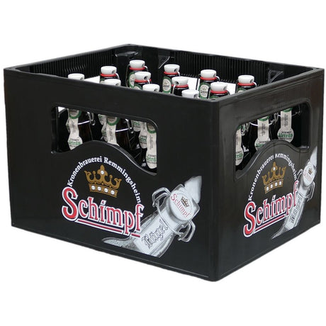 Ein schwarzer Kasten enthält 20x 0,33L Flaschen Schimpf Urtrüb Bügel (Mehrweg), mit Krone und Logo-ideal für Fans von Schimpf's traditioneller Braukunst und naturtrübes Bier.