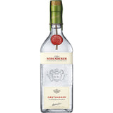 Schladerer Obstwasser 38% 0,7 Liter: Eine Klarglasflasche von Schladerer mit grünem Verschluss und rotem Siegel, geprägten Fruchtmotiven und klassischer Handwerkskunst - ein traditioneller Obstler.