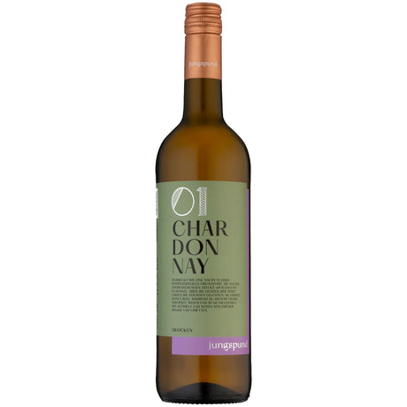 Eine Flasche „Schloss Affaltrach Jungspund Chardonnay trocken 2022“ mit einem grün-violetten Etikett und einem kupferfarbenen Schraubverschluss auf weißem Hintergrund, das den raffinierten Charakter des Württemberger Chardonnays von Schloss Affaltrach unterstreicht.