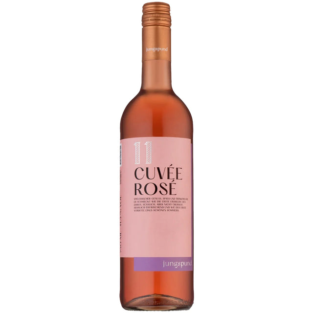 Eine Flasche „Schloss Affaltrach Jungspund Cuvée Rosé feinherb 2023“ – mit ihrem rosafarbenen Etikett und dem kupferfarbenen Schraubverschluss – ist dieser württembergische Rosé von Schloss Affaltrach der perfekte Terrassenwein für entspannte Abende.