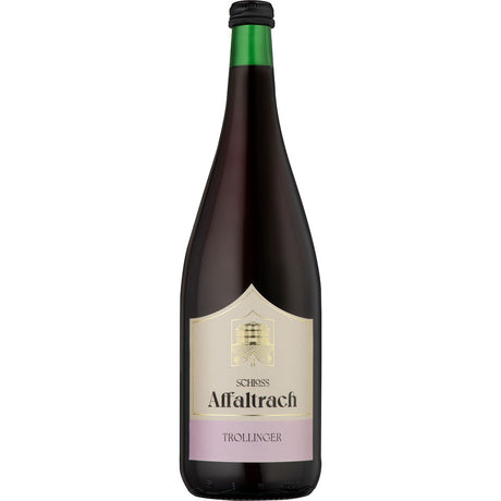 Eine Flasche Schloss Affaltrach Trollinger 12x 1 Liter (MEHRWEG), ein deutscher Rotwein von Schloss Affaltrach, mit grünem Verschluss und cremefarbenem Etikett.