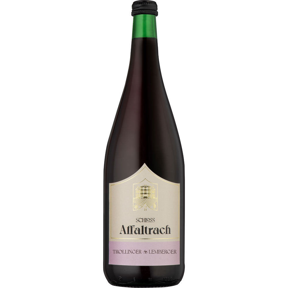 Eine 1L Flasche Schloss Affaltrach Trollinger mit Lemberger (MEHRWEG) aus Deutschland mit cremefarbenem Etikett und grünem Verschluss.