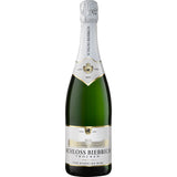 Eine grüne 0,75-Liter-Flasche Schloss Biebrich trocken Sekt, mit goldenem, weißem und silbernem Etikett und Folie - ein klassischer deutscher Sekt von Schloss Biebrich.