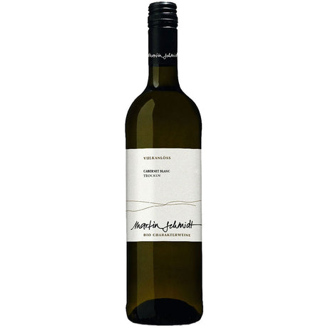 Eine Flasche Weingut Schmidt Sauvignon Blanc & Cabernet Blanc Bio trocken 2023 deutscher Weißwein, mit weißem Etikett und schwarzem Schraubverschluss.