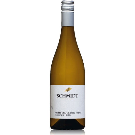 Eine Flasche Weingut Schmidt BIO Weißburgunder trocken 2024, ein eleganter Weißwein vom Kaiserstuhl mit weißem Etikett und Silberkappe.