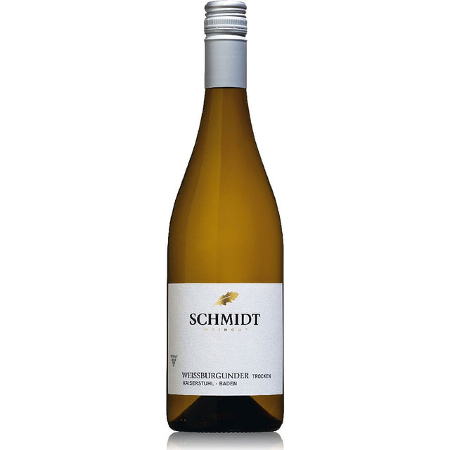 Eine Flasche Weingut Schmidt BIO Weißburgunder trocken 2024, ein eleganter Weißwein vom Kaiserstuhl mit weißem Etikett und Silberkappe.