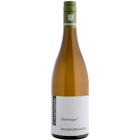 Eine Flasche Schnaitmann Steinwiege Weißburgunder BIO trocken 2023 mit grünem Verschluss und weißem Etikett.