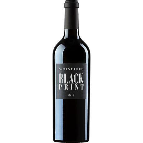 Eine Flasche Markus Schneider Black Print Rotwein Cuvée trocken 2022 aus der Pfalz mit einem schlichten schwarzen Etikett mit silberner Schrift.