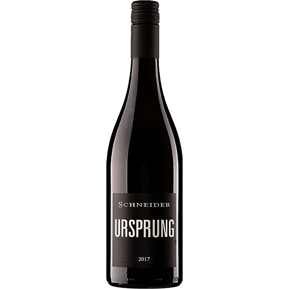 Eine Flasche Markus Schneider Ursprung Rotwein-Cuvée trocken 2022, ein deutscher Rotwein mit schlichtem schwarzen Etikett und Schraubverschluss.