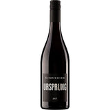 Eine Flasche Markus Schneider Ursprung Rotwein-Cuvée trocken 2022, ein deutscher Rotwein mit schlichtem schwarzen Etikett und Schraubverschluss.