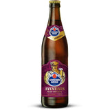 Eine 0,5-Liter-Flasche Schneider Weisse Aventinus TAP6 Weizen-Doppelbock der Marke Schneider Weisse, erhältlich im 20er-Pack (MEHRWEG), mit weinrotem und goldenem Etikett.