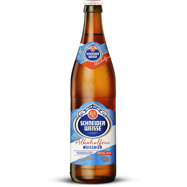 Abgebildet ist eine Flasche Schneider Weisse Weißbier Alkoholfrei TAP3 0,5L (MEHRWEG) mit einem blau-weißen Etikett der Marke Schneider Weisse auf weißem Hintergrund.